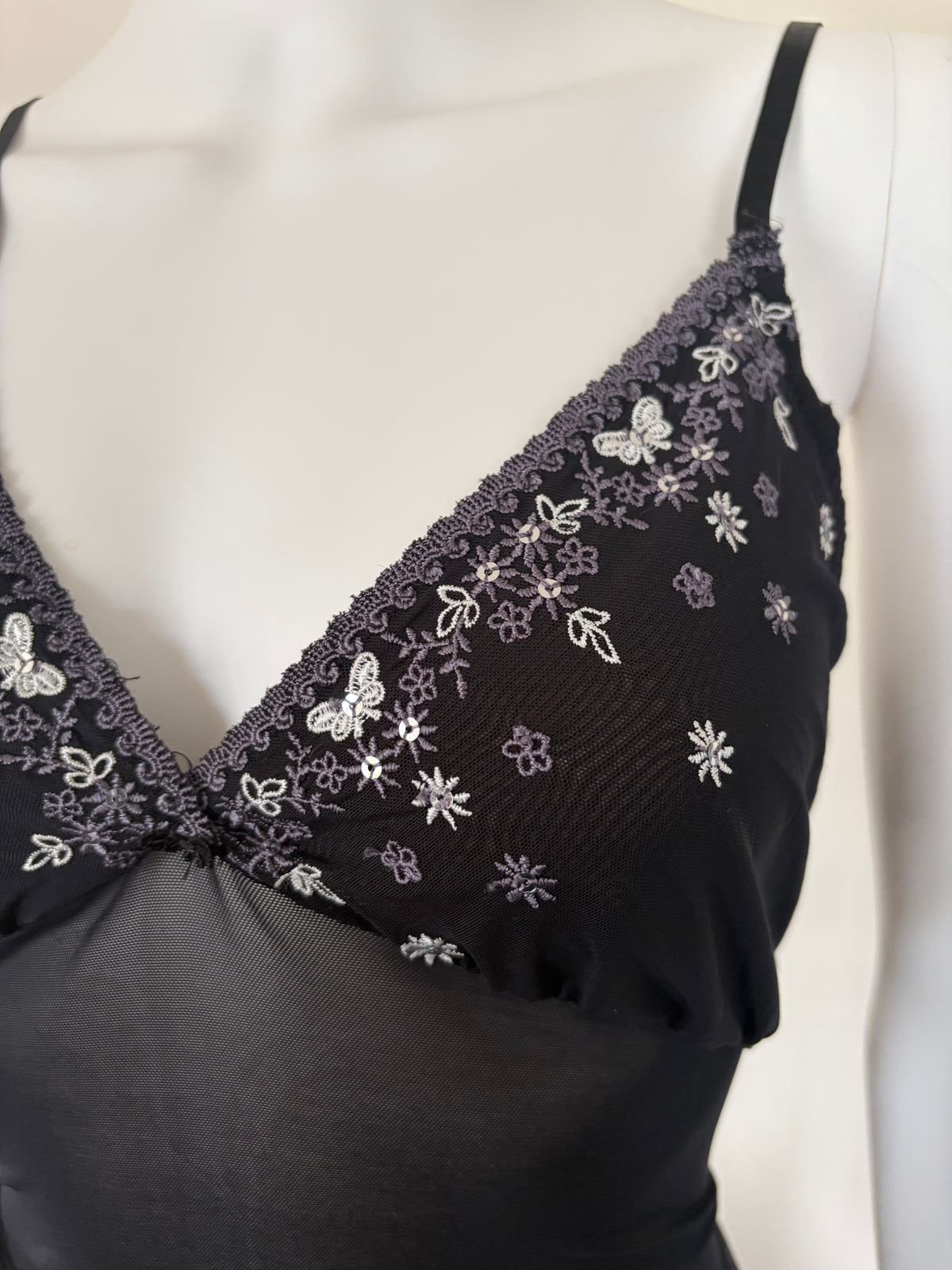 Vintage 1990s Black Mesh Cami with Butterfly-Embroidered Cups and Sequins
