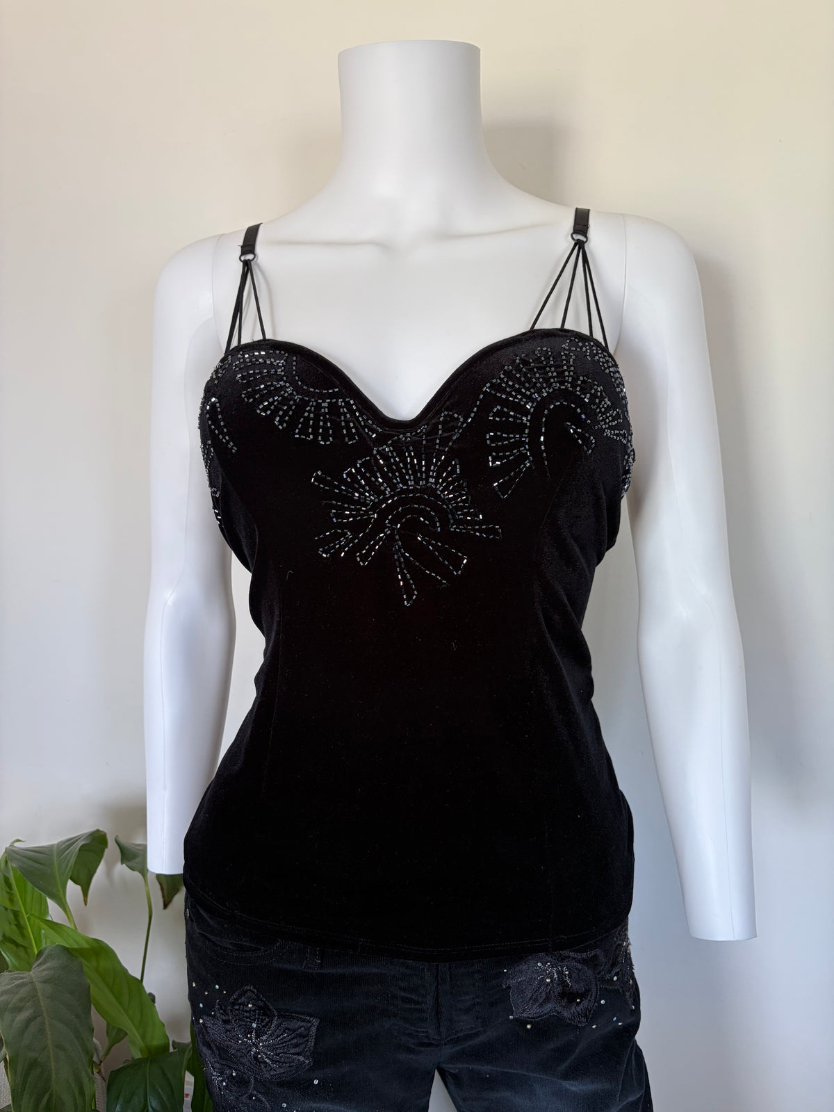 Vintage 1990s Principles Black Velvet Embellished Corset-Style Top