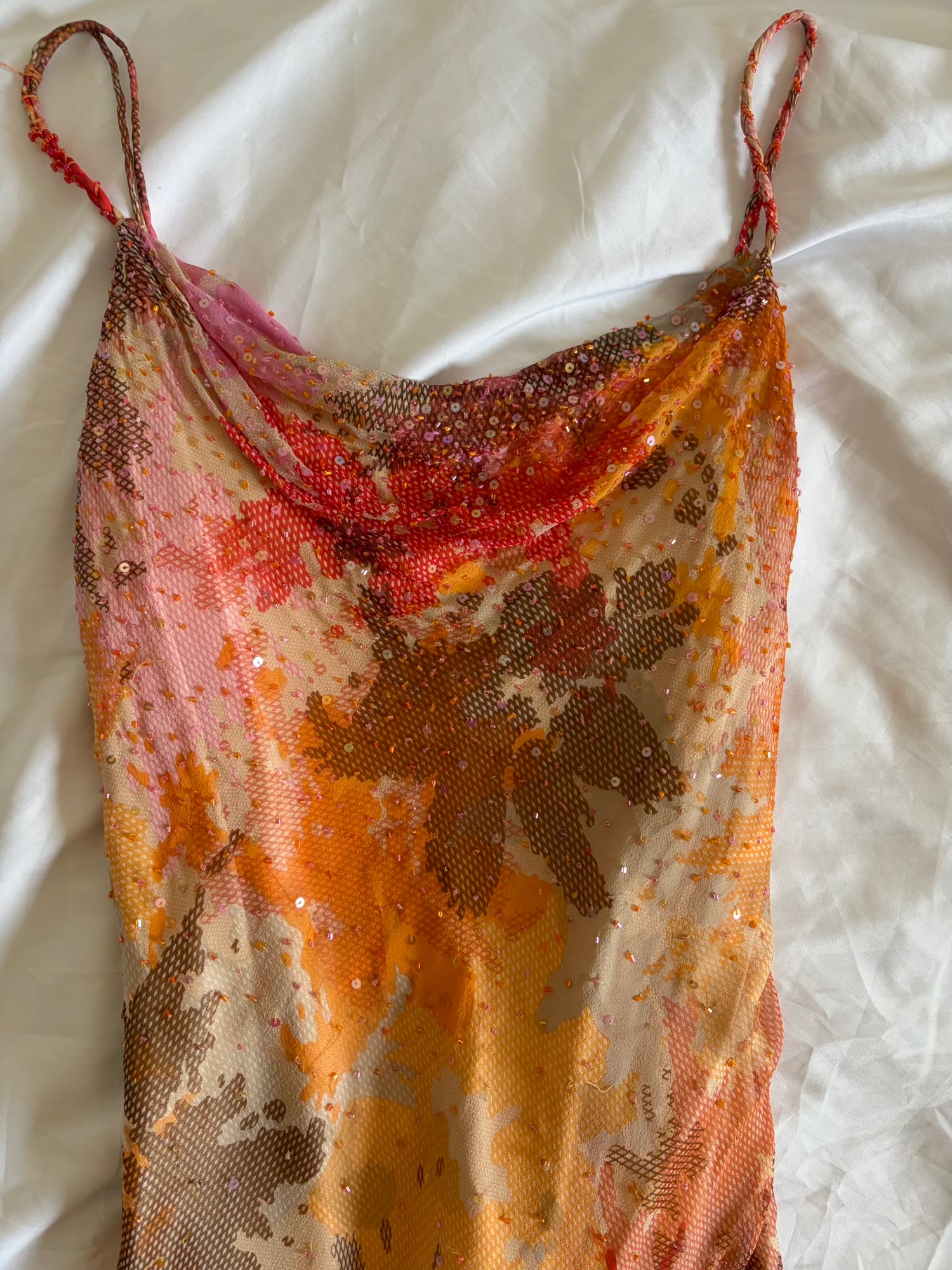 Vintage Y2K Rare Silk Asymmetrical Hem Sunset Orange, Red and Brown Midi Dress with Beads and Sequins