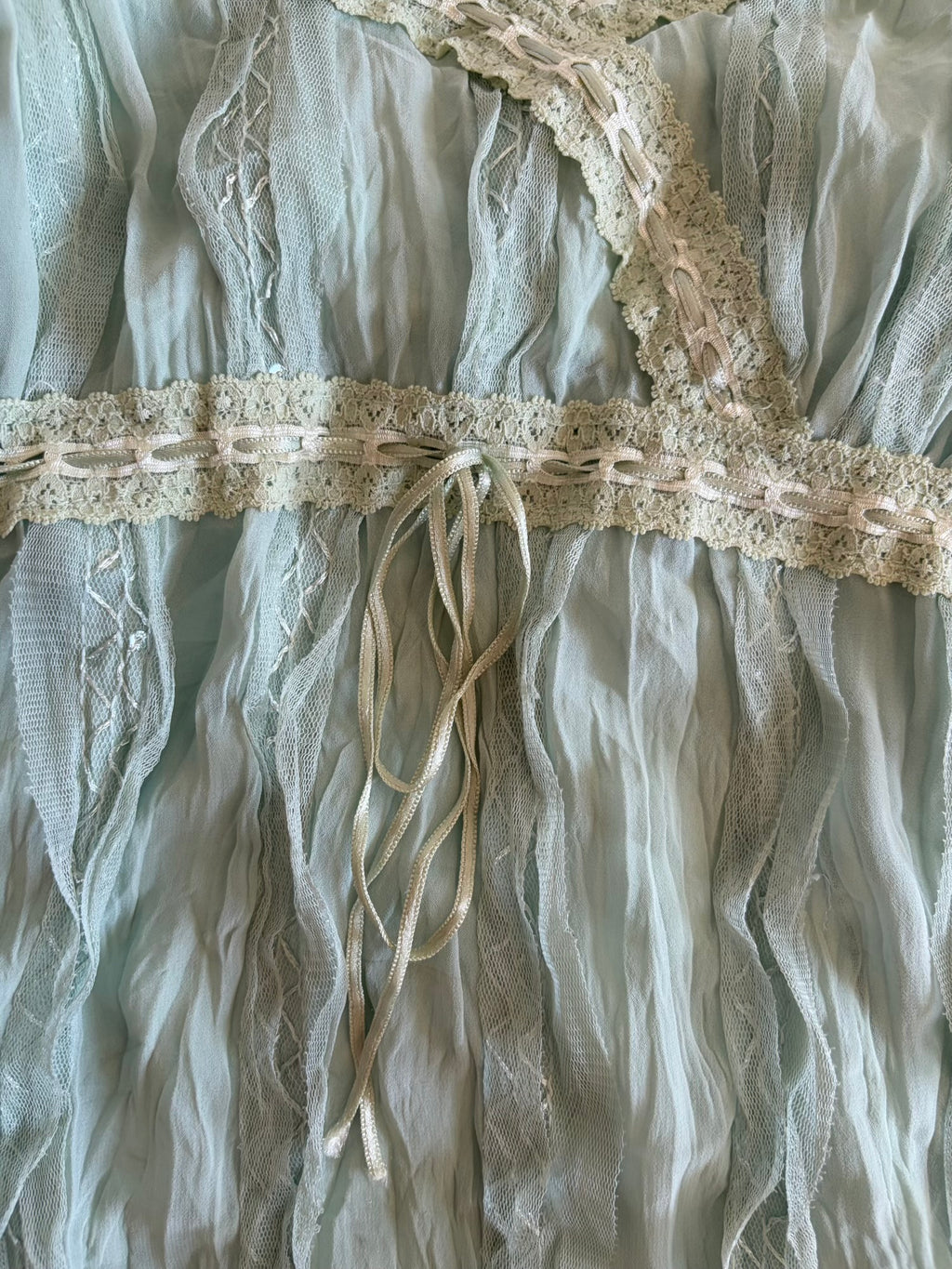 Vintage Y2K mint Japanese cami with lace, ribbon and sequins