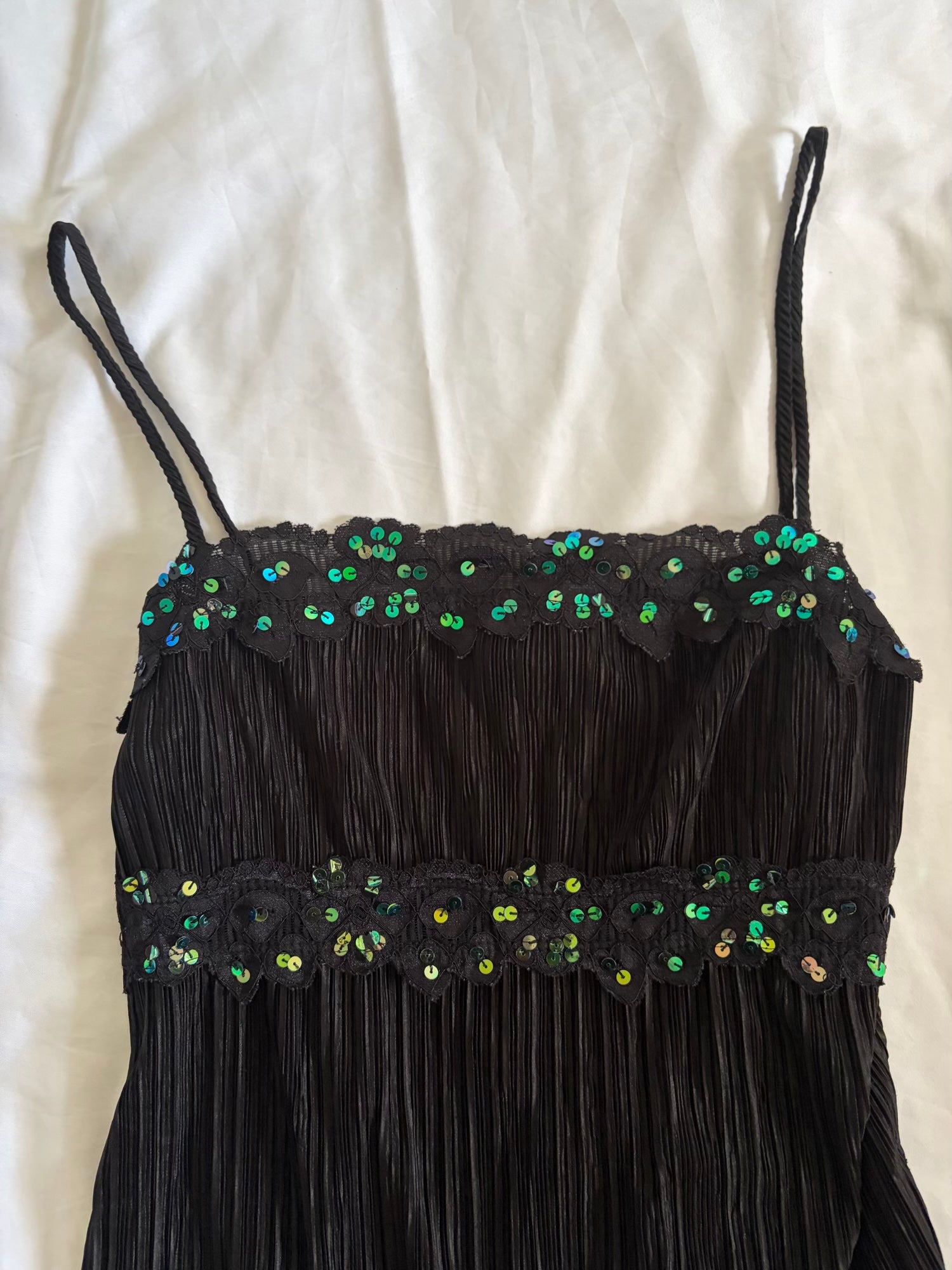 Vintage Y2K Black Plisse Cami with Iridescent Sequins