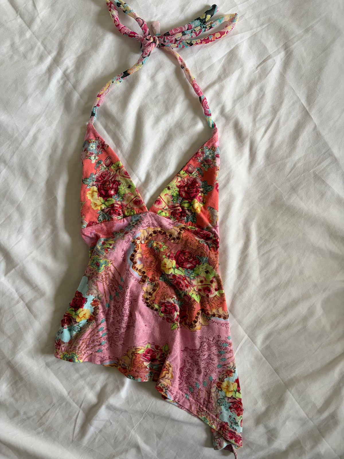 Vintage 2000s Asymmetrical Hem Italian Open Back Halterneck Cami with Sequins