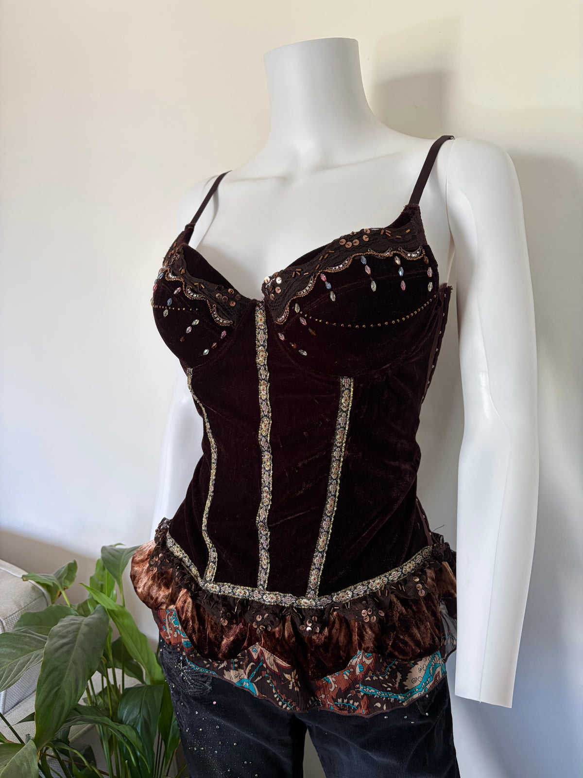 Vintage 1990s Lov3e French Brown Whimsy Sequin Corset Top, UK 12–14