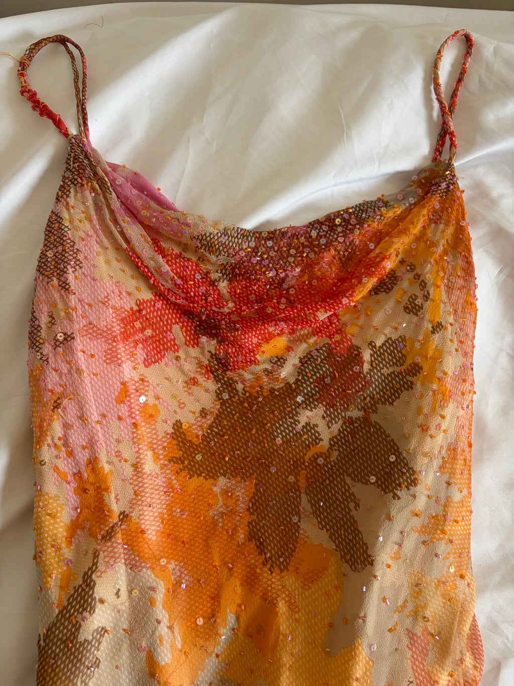 Vintage Y2K Rare Silk Asymmetrical Hem Sunset Orange, Red and Brown Midi Dress with Beads and Sequins