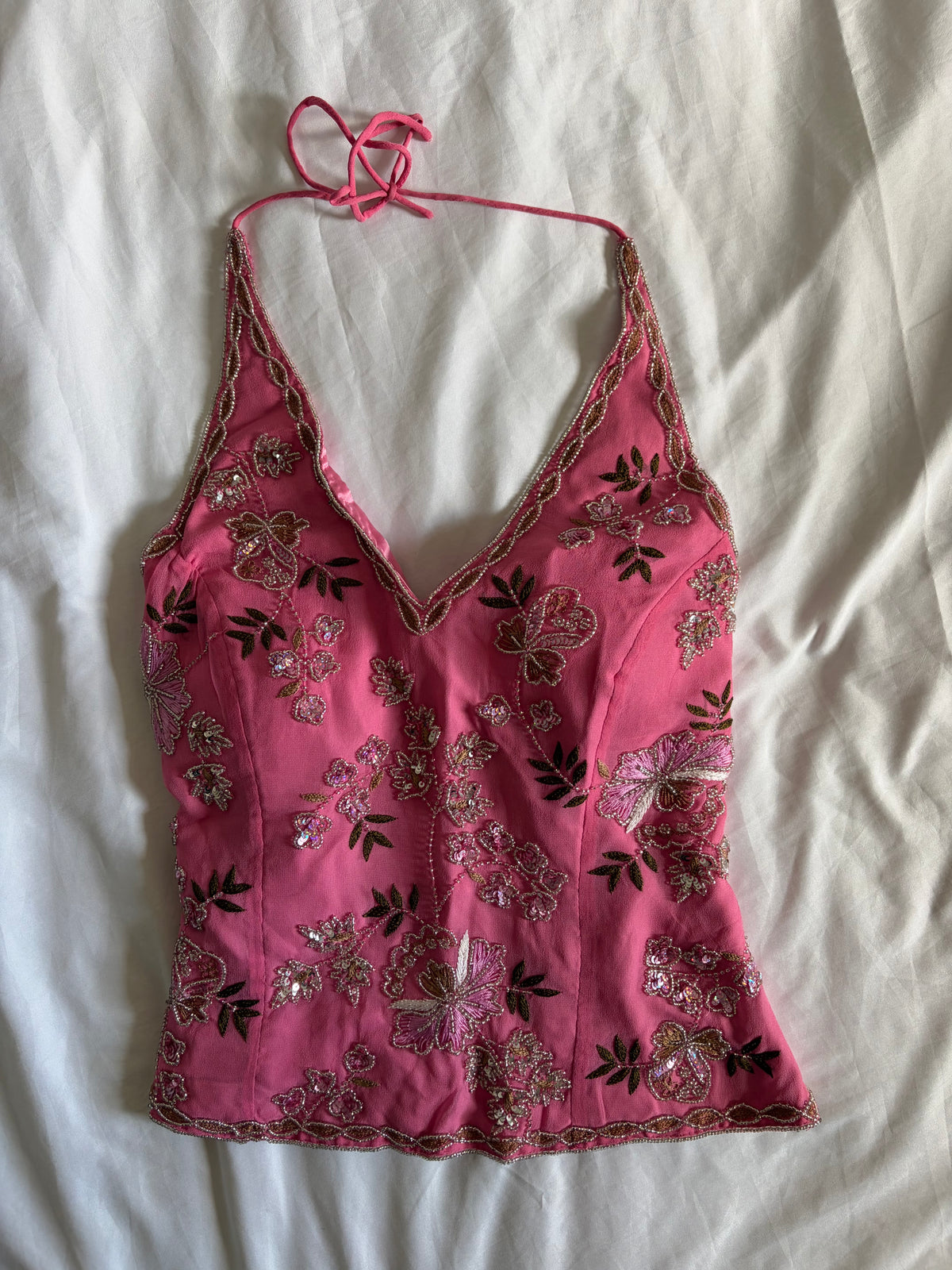 Vintage 2000s Banke B Silk Pink Sequin and Beaded Corset Halter, UK 14–16