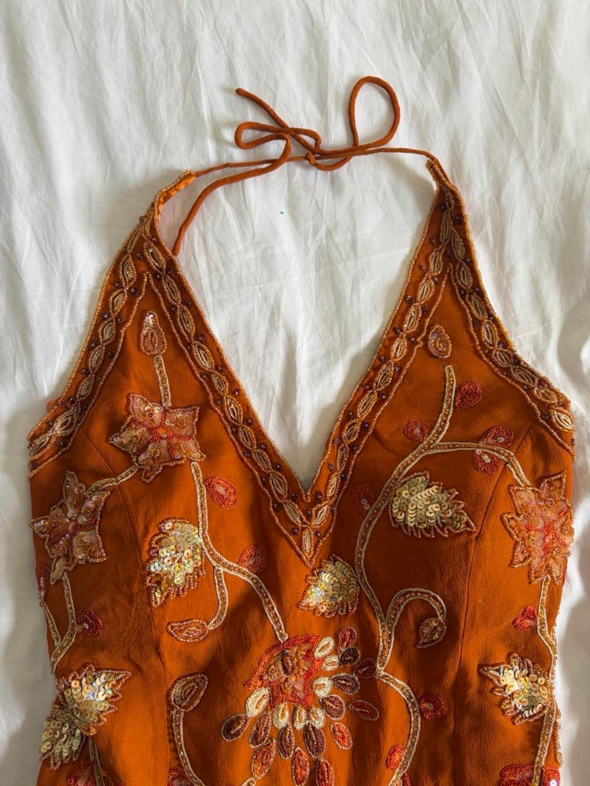 Vintage Y2K burnt orange silk beaded, bronze and gold sequin corset style halter - Size Large