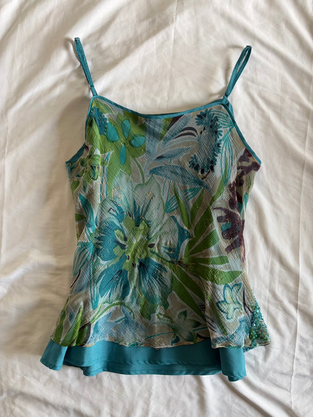 Vintage Y2K Green and Teal Floral Cami with Sequins and Beaded Detail