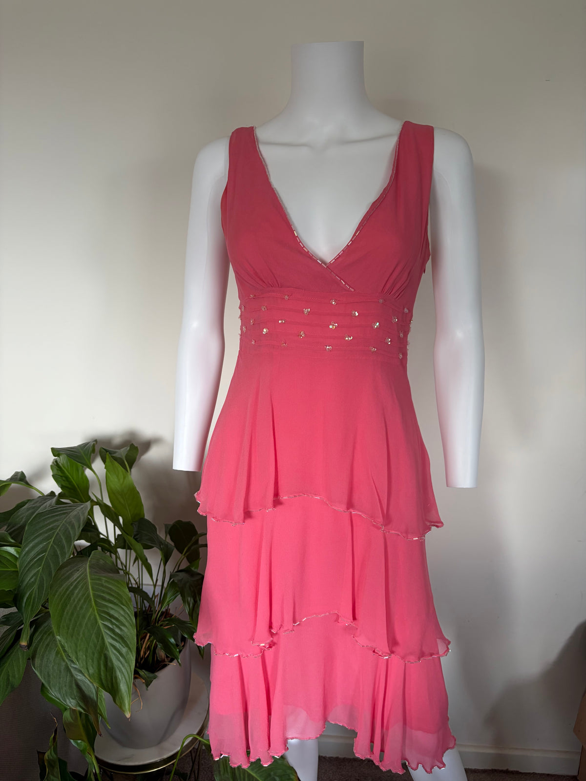 Vintage 2000s Silk Coral Ruffle Midi Dress with Beads and Sequins