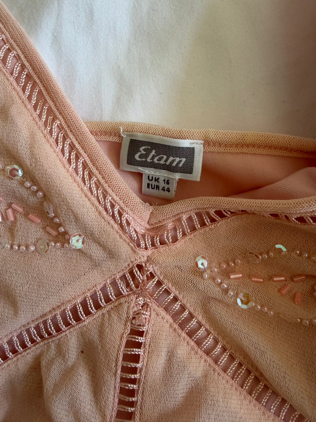 Vintage Y2K baby pink ruched cami with beaded and sequin detail on bust