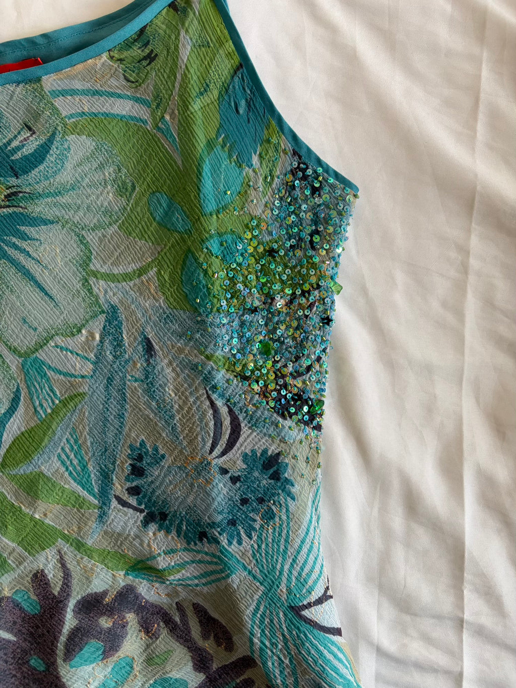 Vintage Y2K Green and Teal Floral Cami with Sequins and Beaded Detail