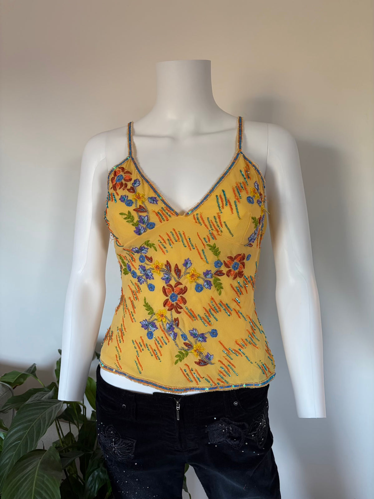 Vintage 2000s Aftershock Sunburst Yellow Silk Cami with Embroidery and Sequins