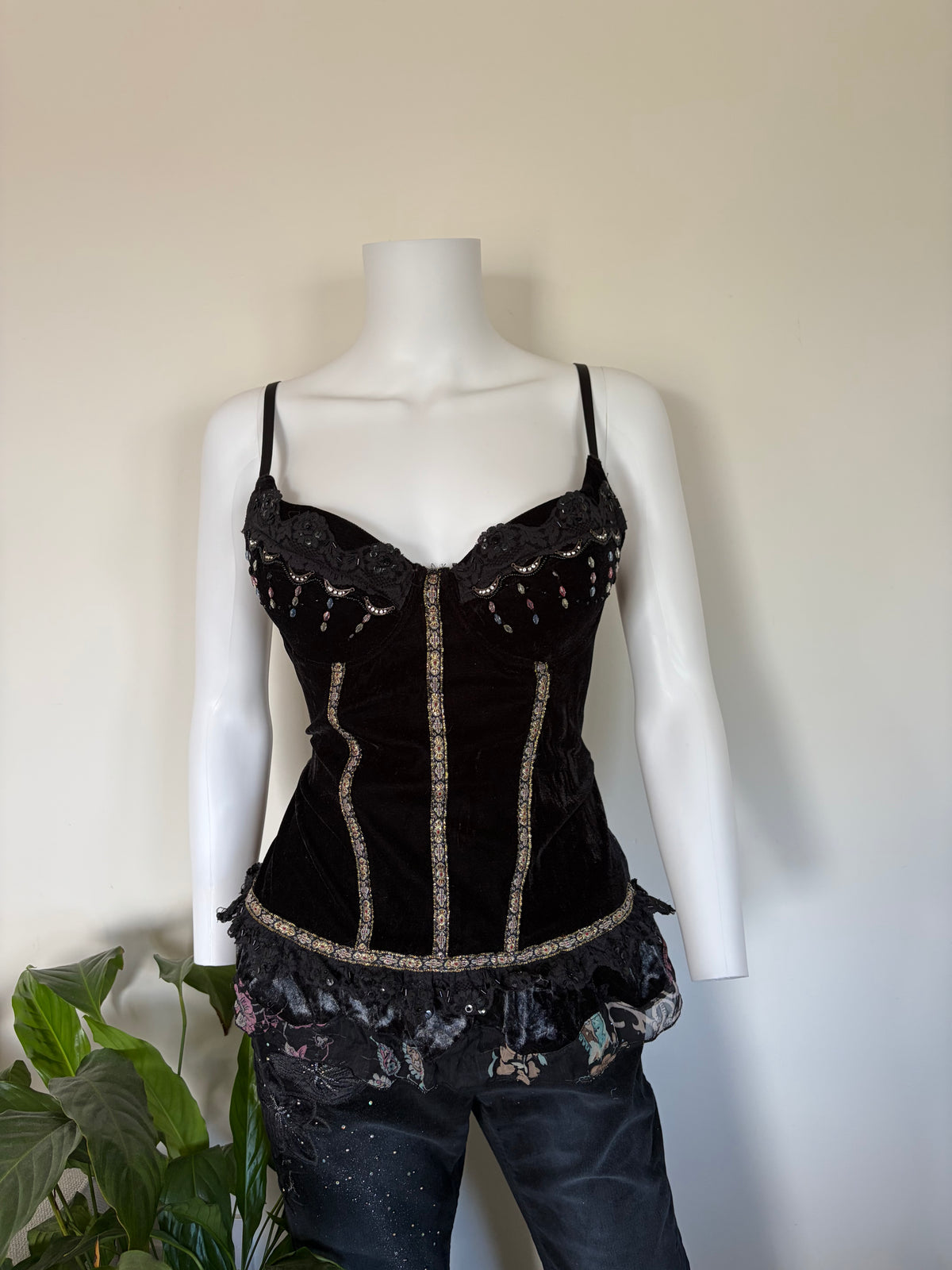 Vintage 1990s French Black Whimsy Sequin Corset Top, UK 12–14