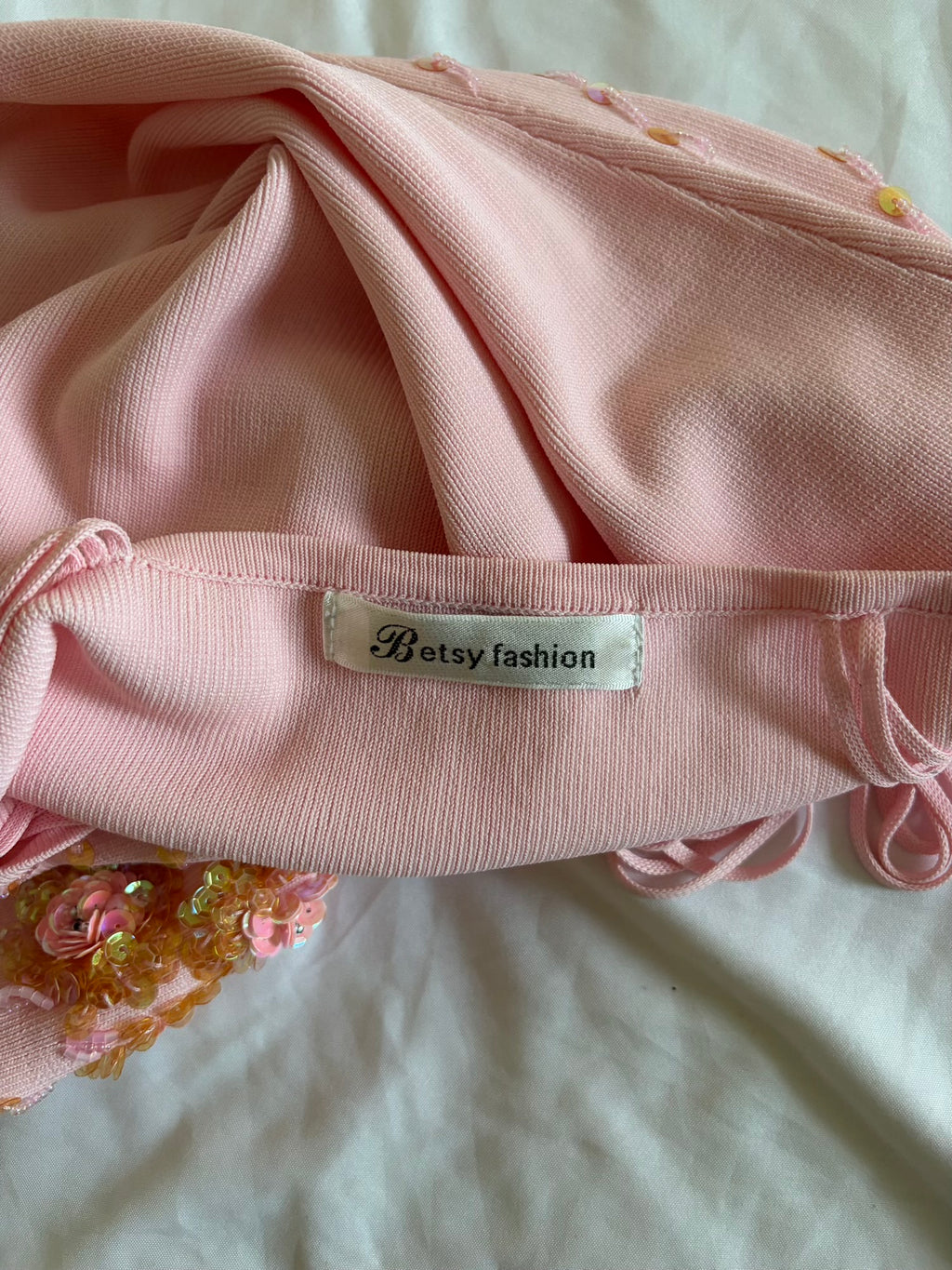 Vintage Y2K Baby Pink Knit Beaded and Sequin Cami with Triple Cross Straps