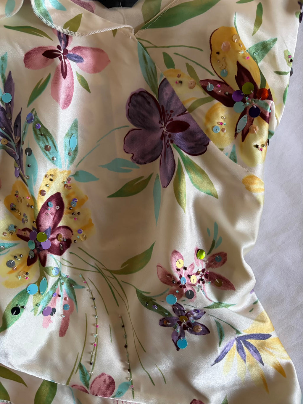 Vintage 1990s Floral Asymmetrical Hem Cami with Sequins and Frilly Hem
