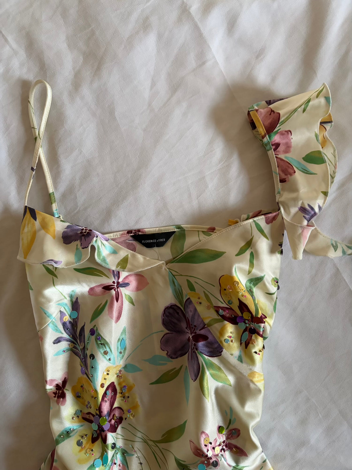 Vintage 1990s Floral Asymmetrical Hem Cami with Sequins and Frilly Hem