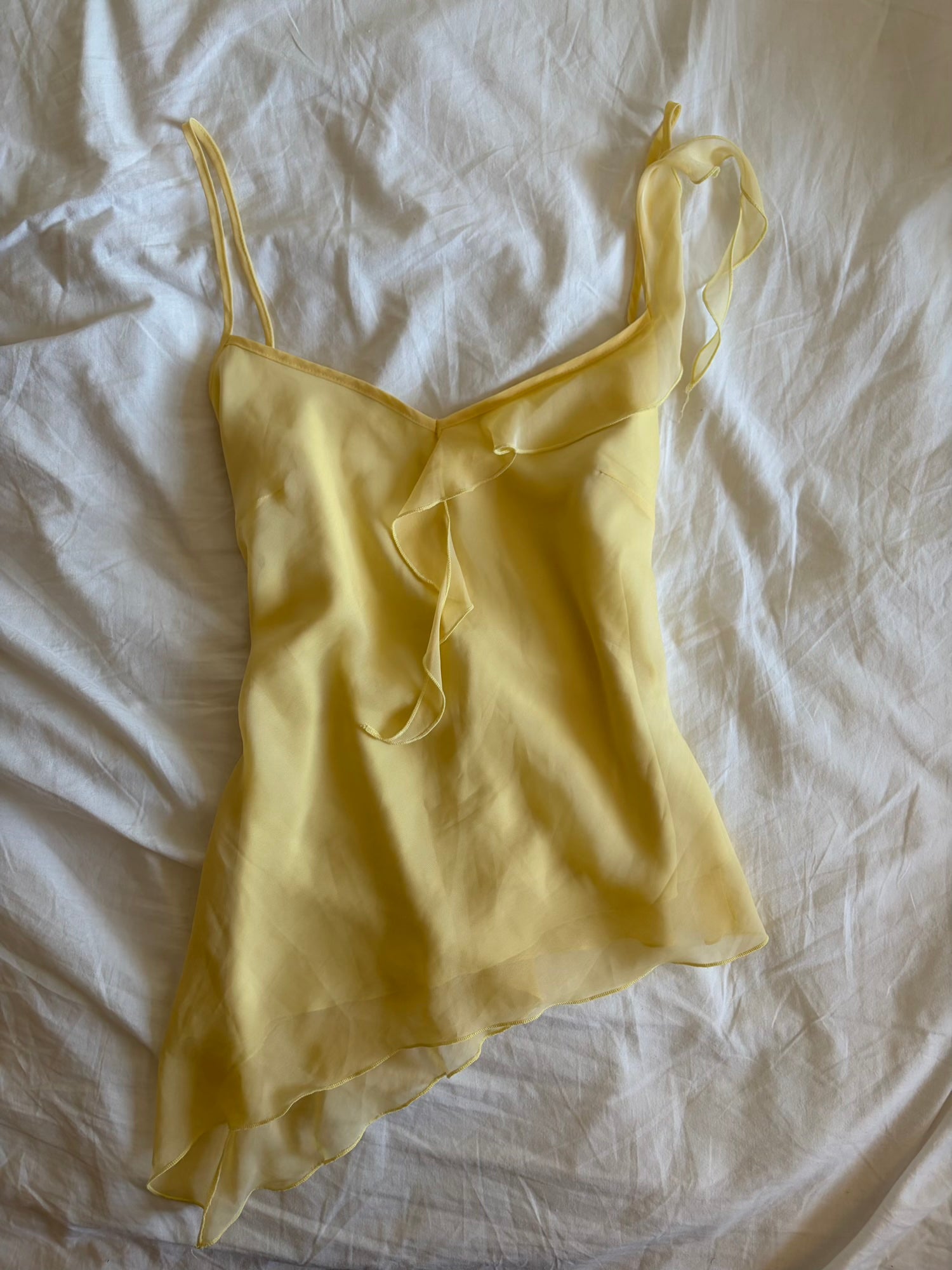 Vintage Y2K butter yellow asymmetrical hem fairy cami with ruffle sleeve detail