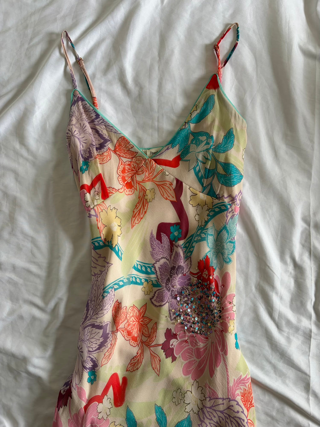 Vintage Y2K Cream Floral Fairy Dress with Sequin and Beaded Details