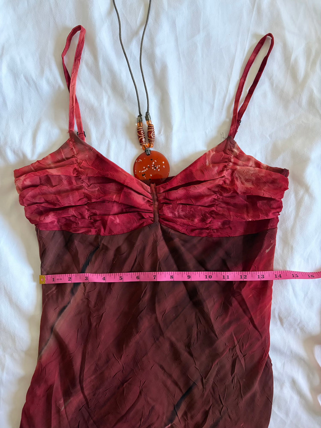 Vintage Y2K handkerchief hem brown and red tie dye ruched bust dress with pendant and beaded detail