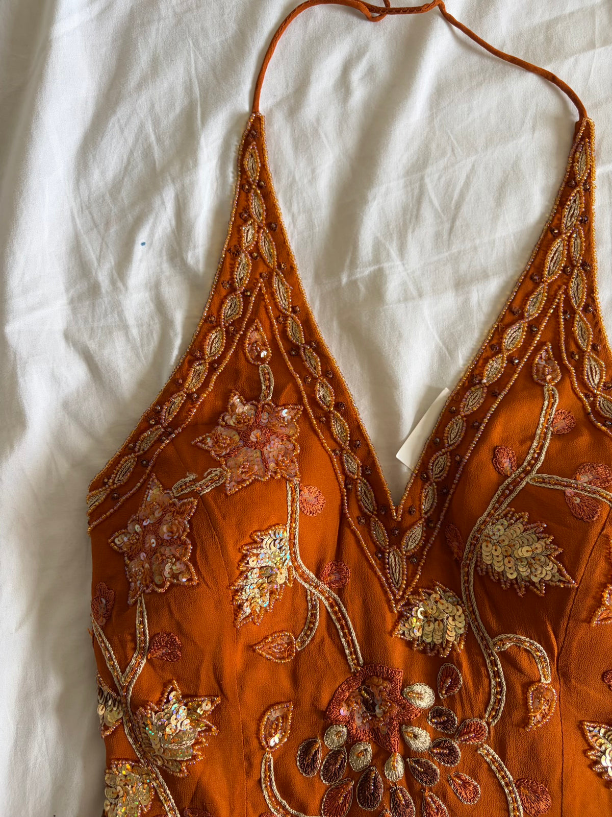 Vintage Y2K Burnt Orange Silk Beaded Corset Style Halter - Size Extra Small