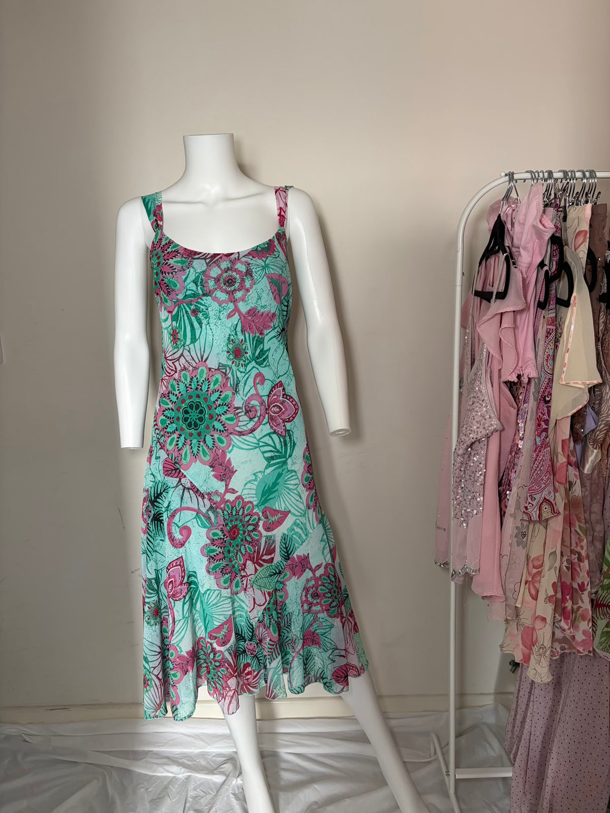 Vintage Y2K Green and Pink Floral Floaty Midi Dress