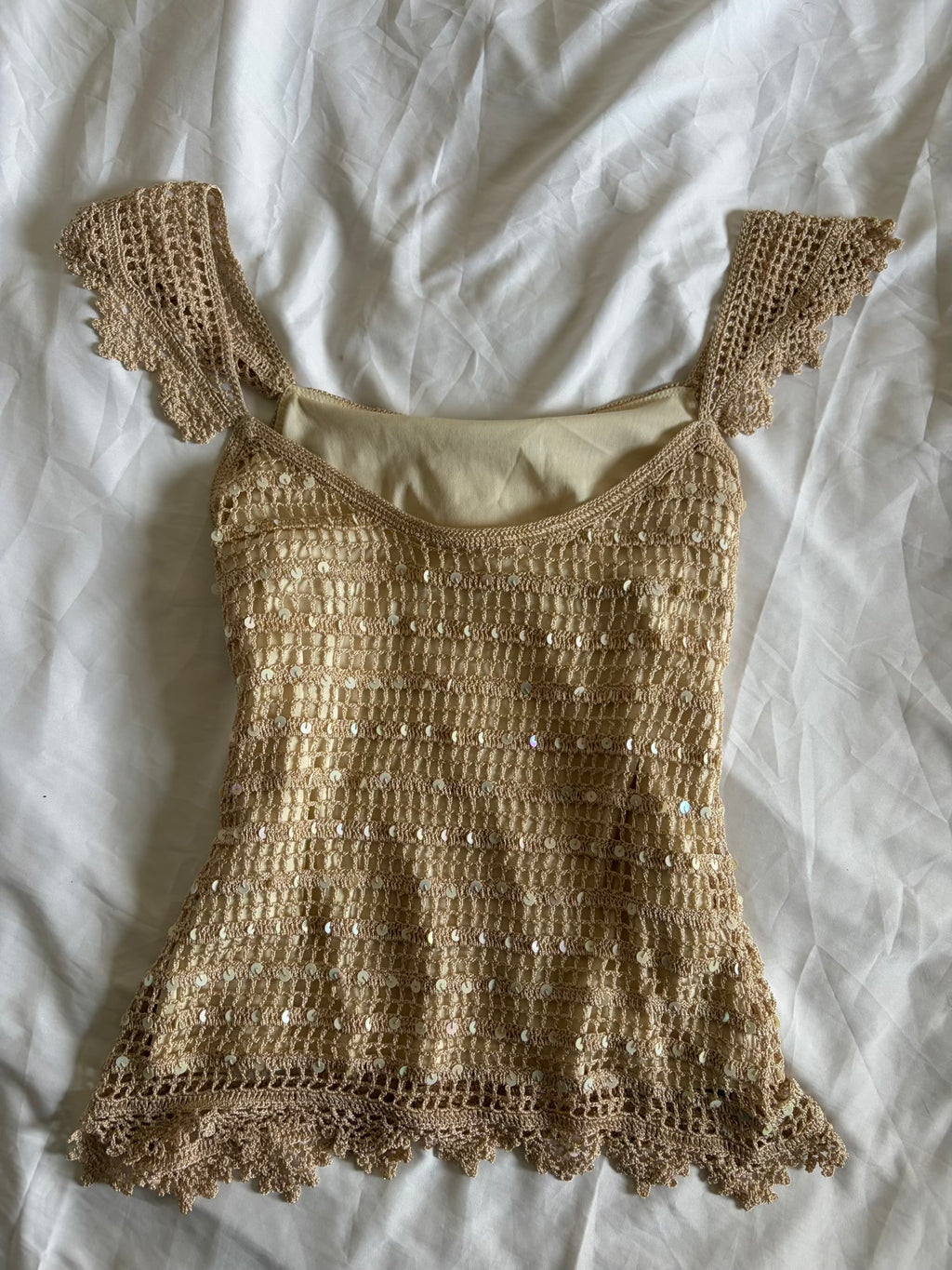 Vintage Y2K Champagne Crochet Top with Sequins and Romantic Sleeves