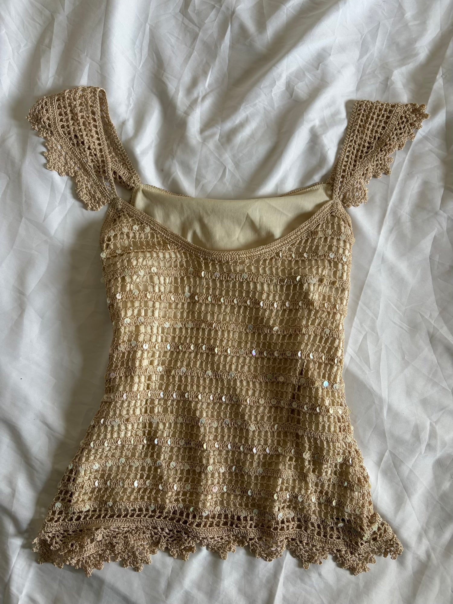 Vintage Y2K Champagne Crochet Top with Sequins and Romantic Sleeves