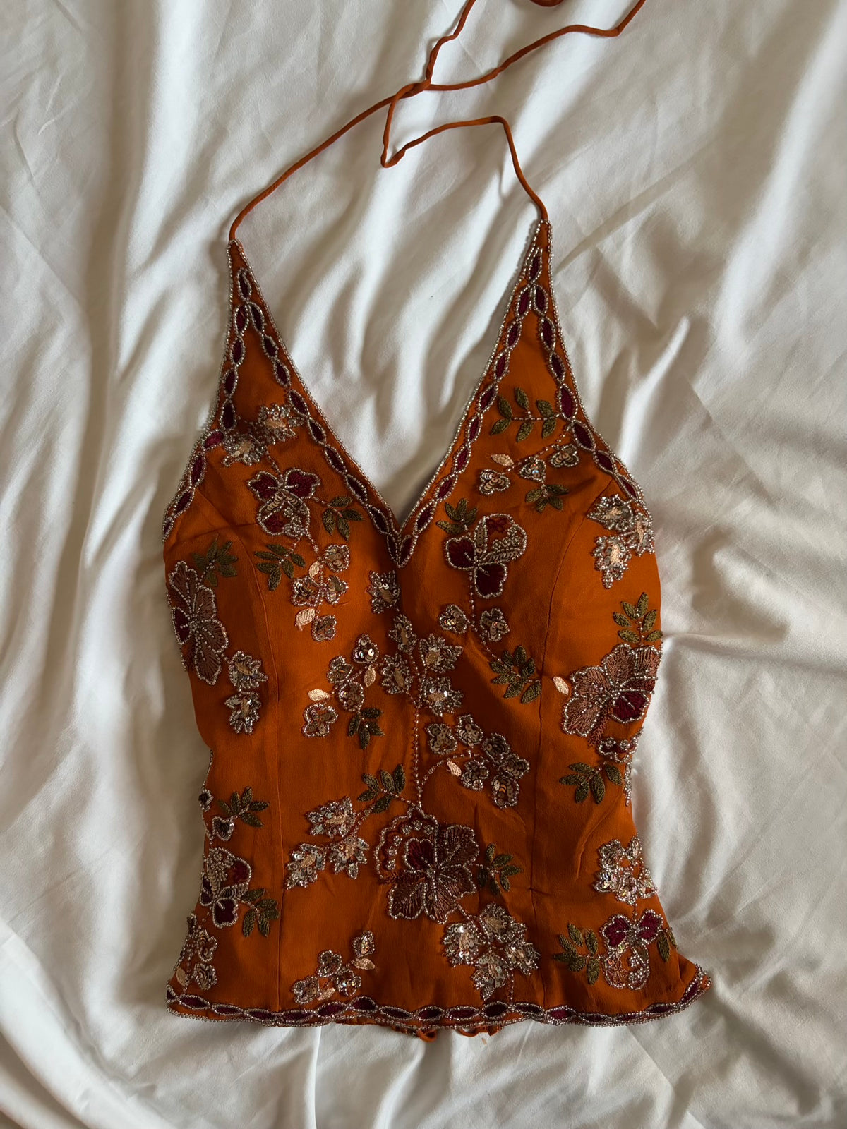 Vintage 2000s Silk Burnt Orange Sequin and Beaded Corset Halter – Size 10–12