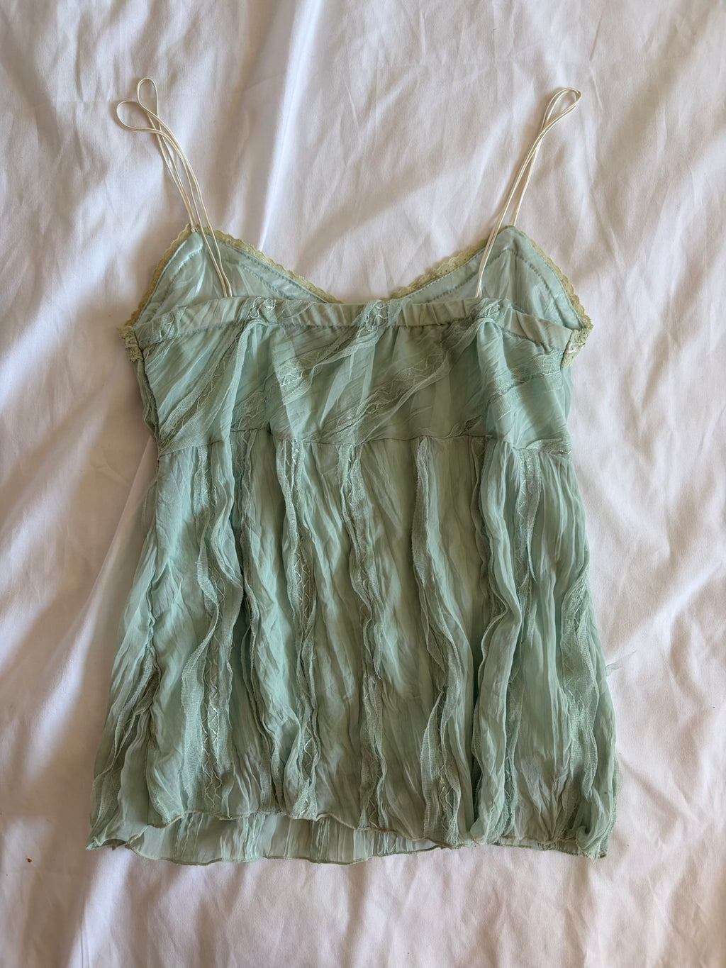 Vintage Y2K mint Japanese cami with lace, ribbon and sequins