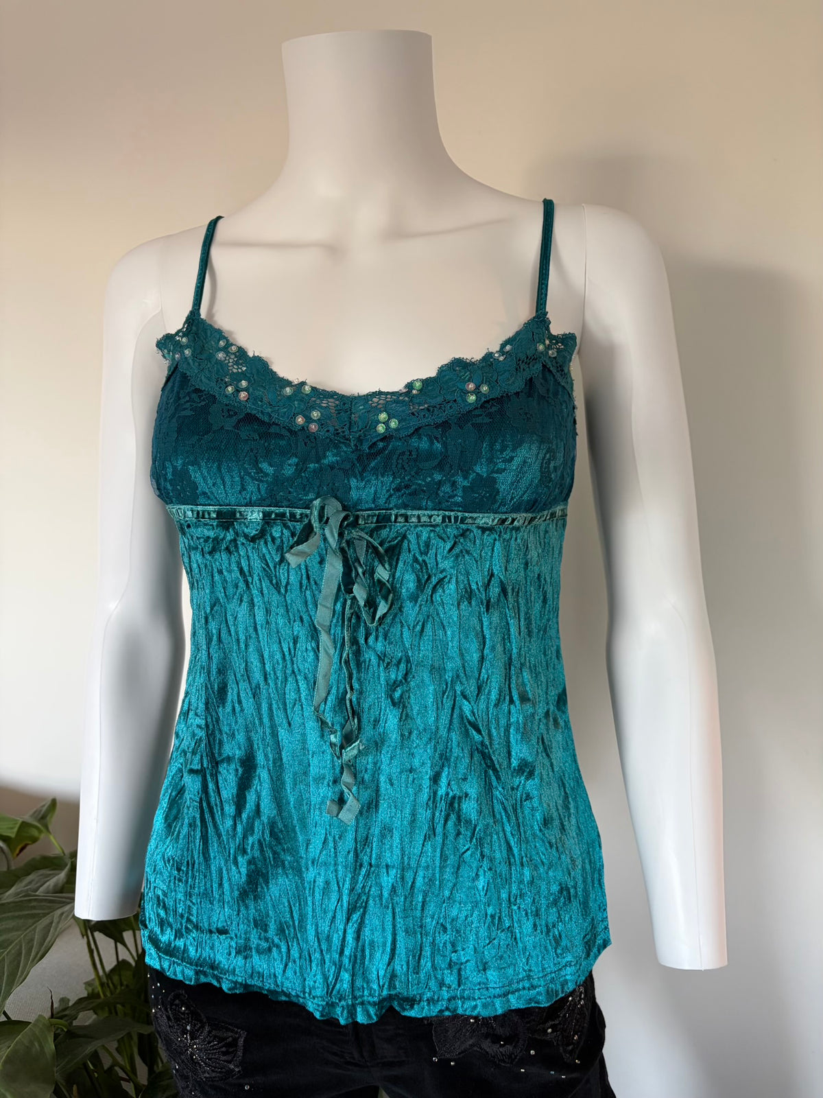 Vintage 2000s Teal Velvet Cami with Sequins, Beads and Ribbon Detail
