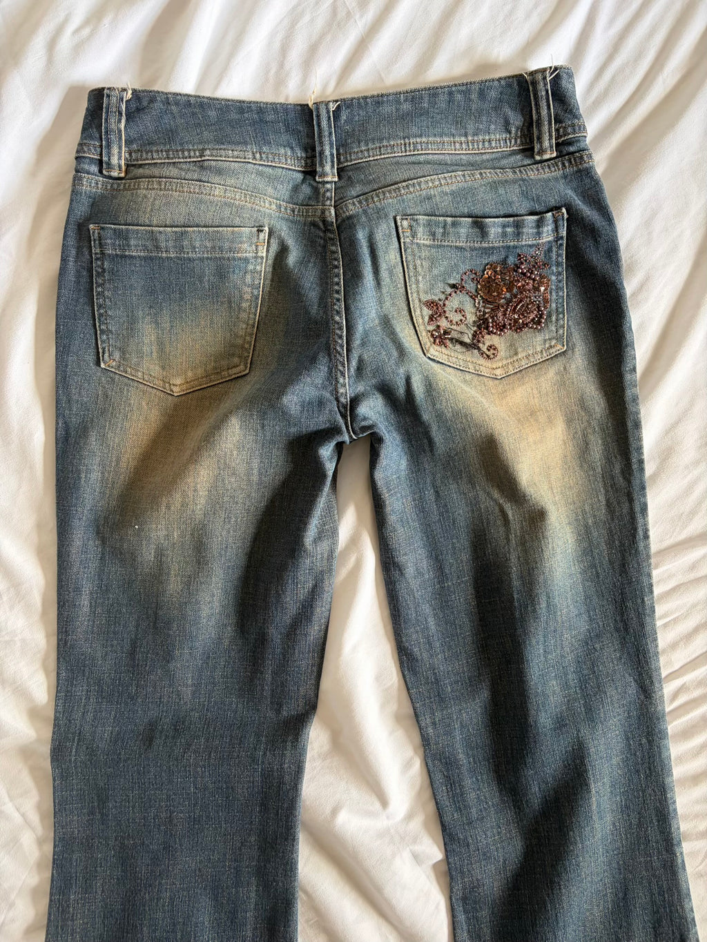 Vintage 2000s Mid Rise Bootcut Flared Jeans with Brown Embellishment and Beads
