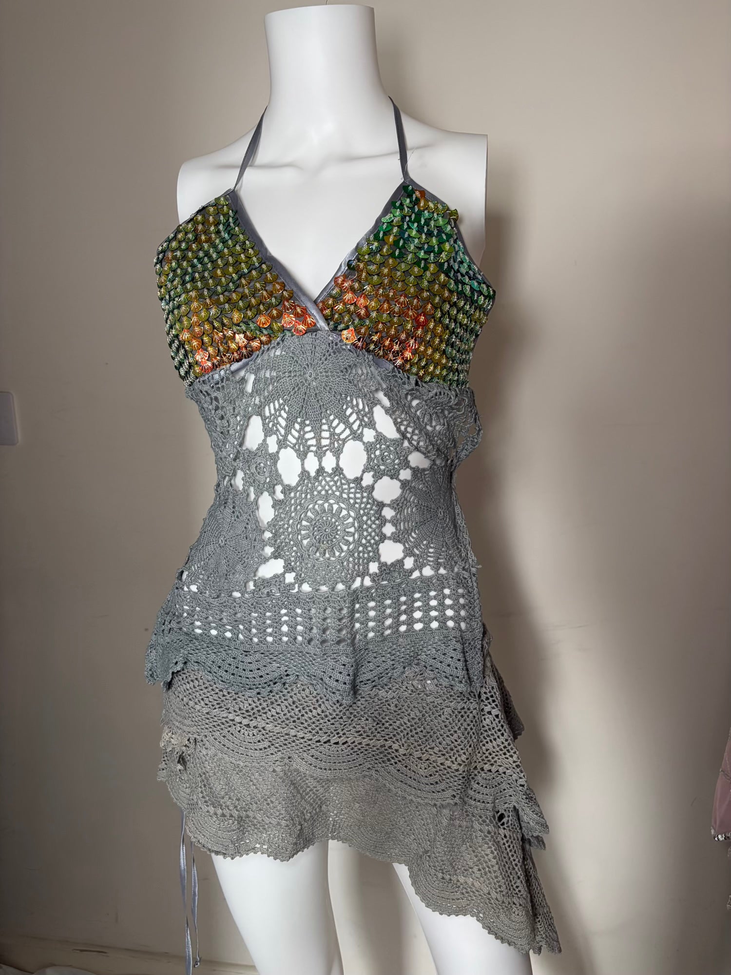 Handmade Grey Crochet Backless Halter and Ultra Mini Skirt Set