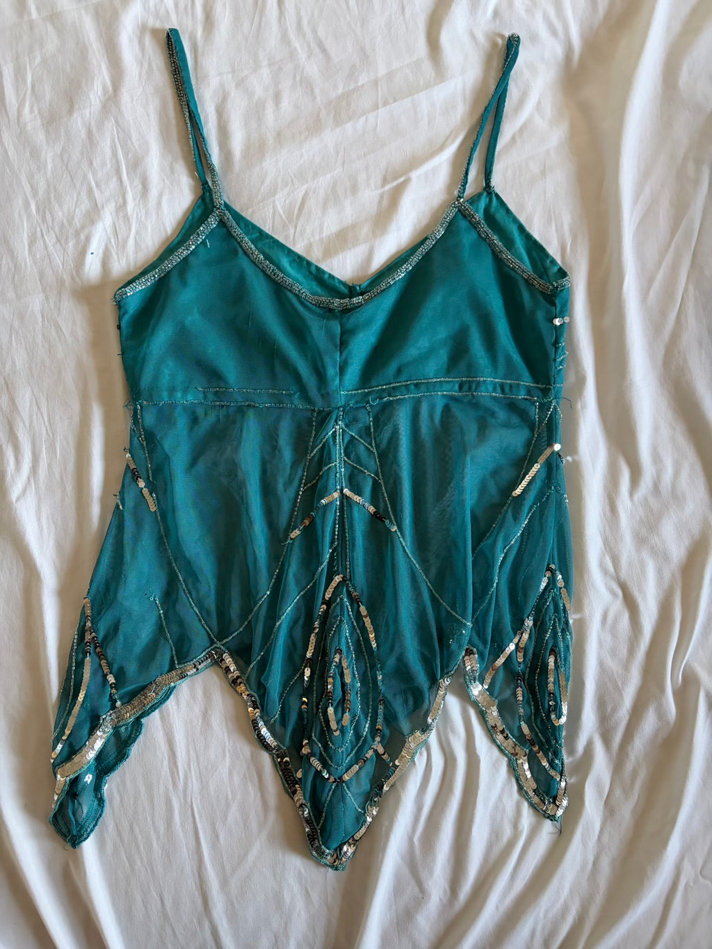 Vintage Y2K Teal Handkerchief Hem Sequin and Beaded Cami