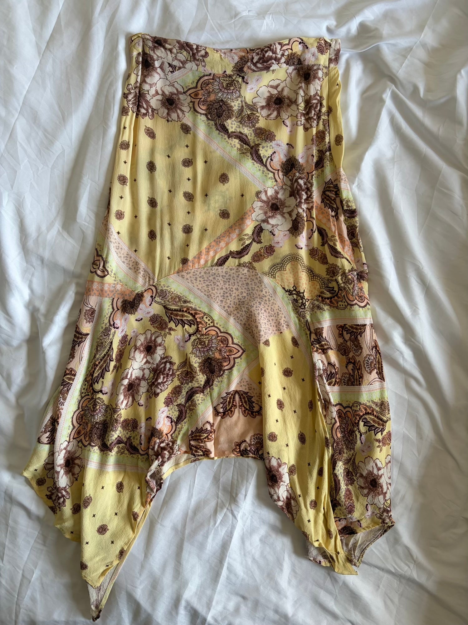 Vintage Y2K Yellow and Brown Asymmetrical Hem Paisley Midi Skirt
