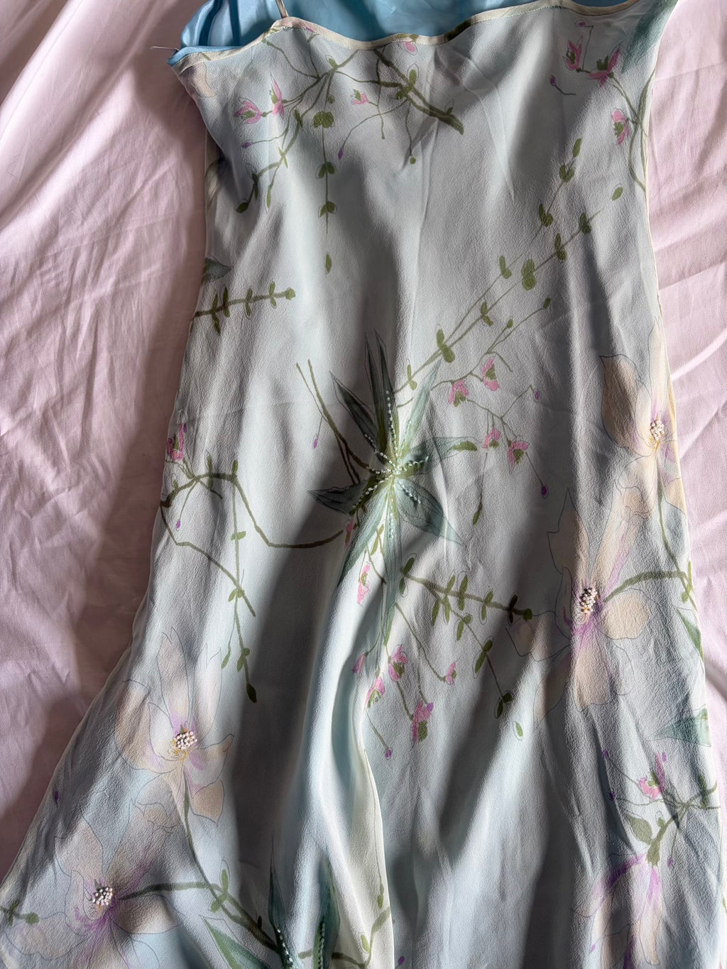 Vintage 1990s Silk Pastel Midi Dress with Florals and Beading