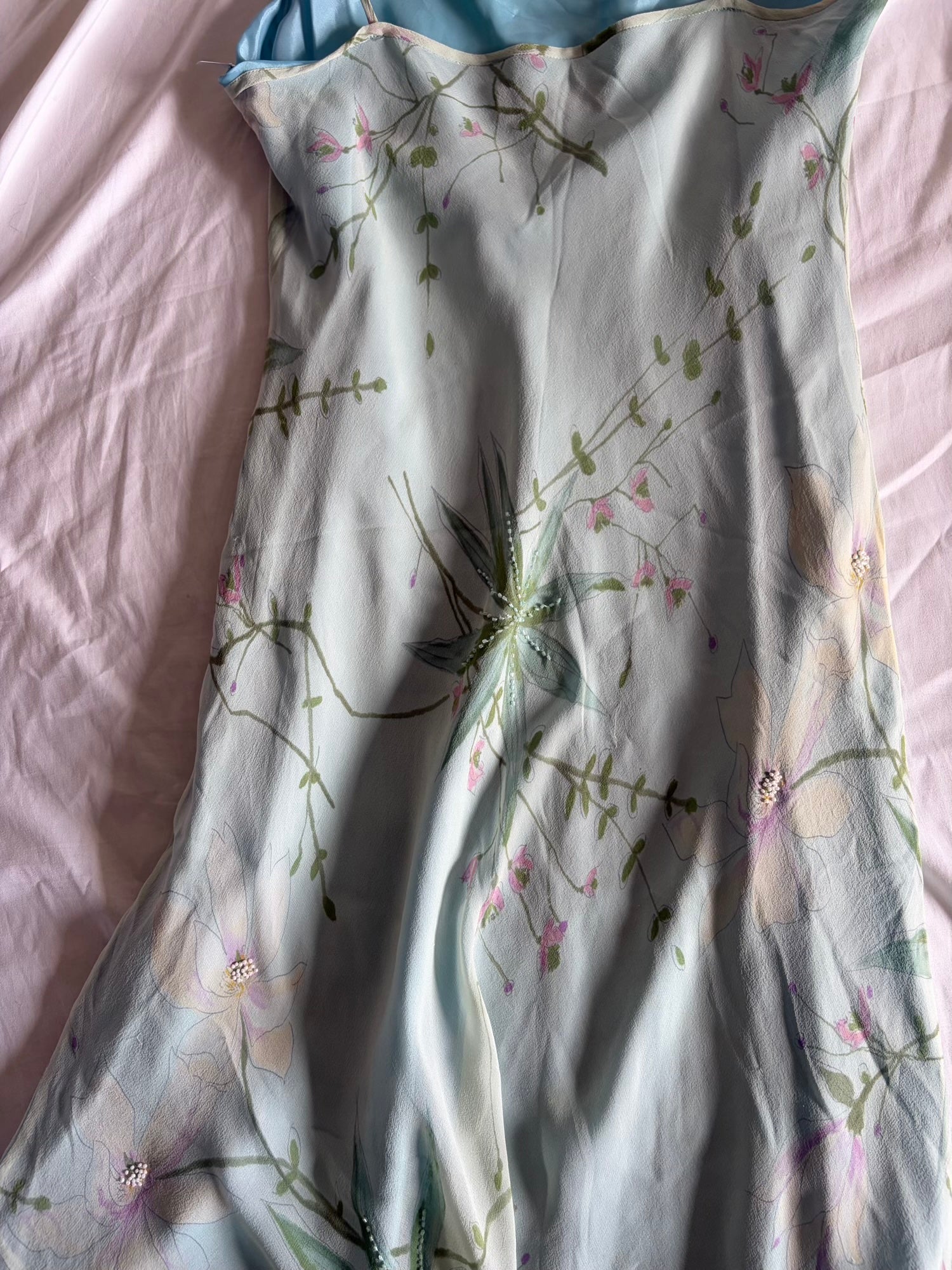 Vintage 1990s Silk Pastel Midi Dress with Florals and Beading