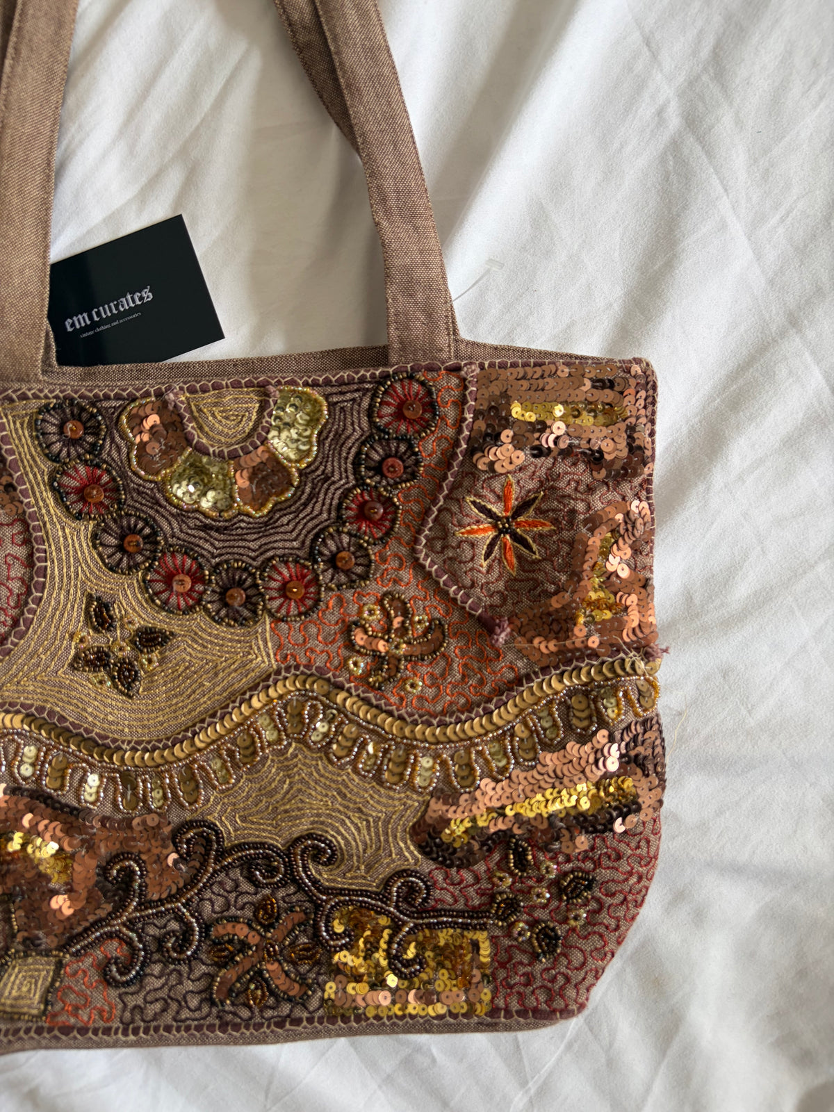 Vintage 2000s Per Una Brown Embroidered Sequin Tote Bag