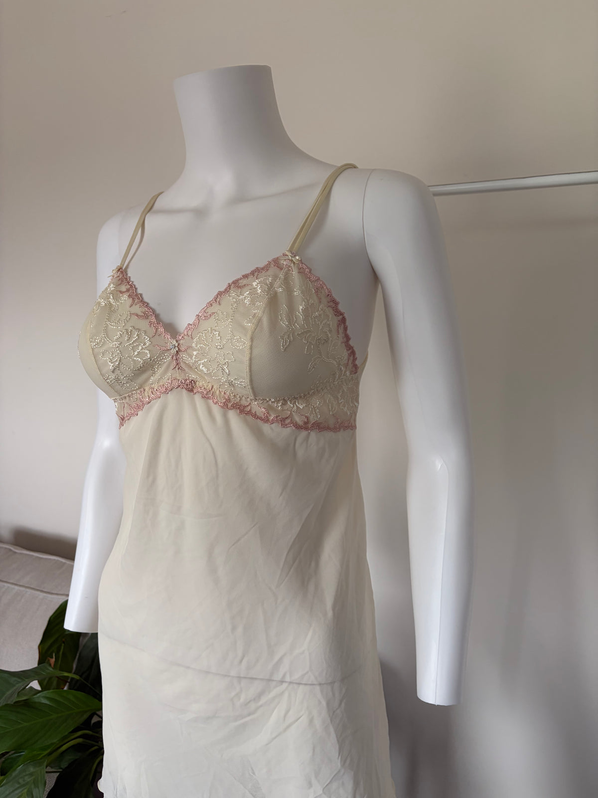 Vintage 1990s Beige Slip with Rose Pink Embroidery