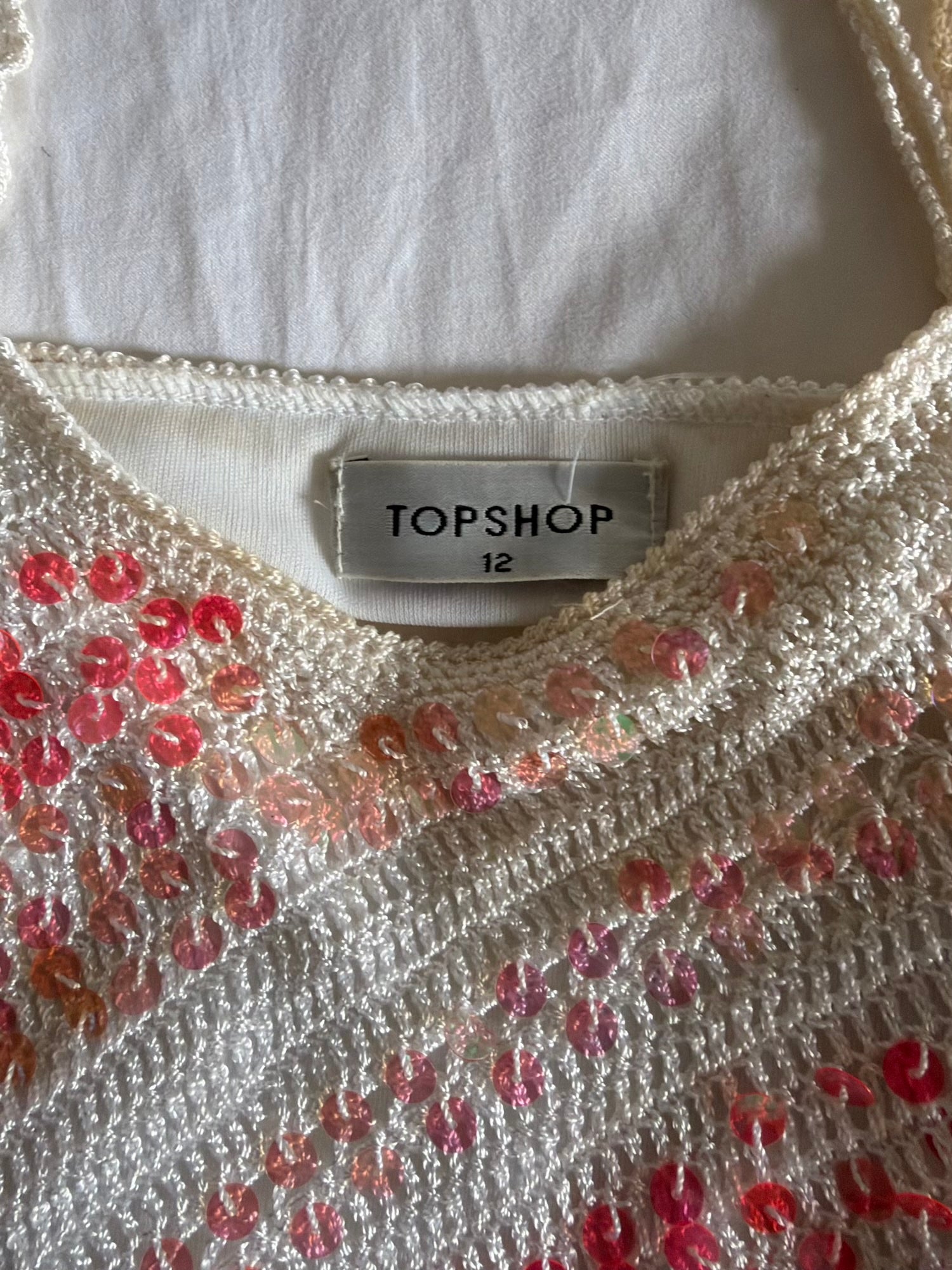 Vintage Y2K Crochet Cami with Pink Iridescent Sequins and Asymmetrical Hem