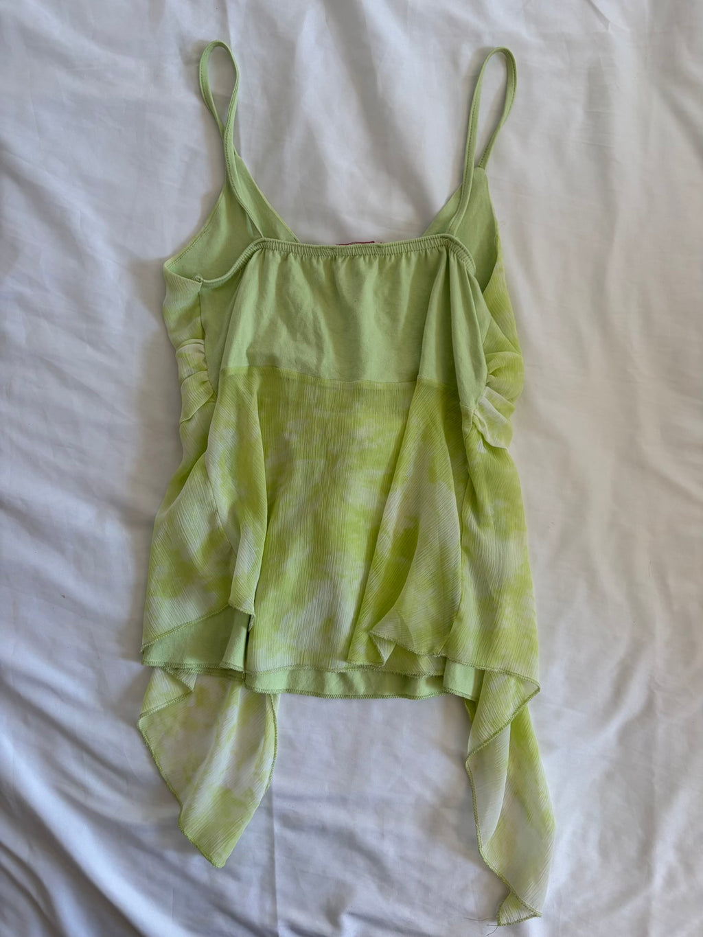 Vintage Y2K Neon Green Handkerchief Hem Cami with Floral Brooch