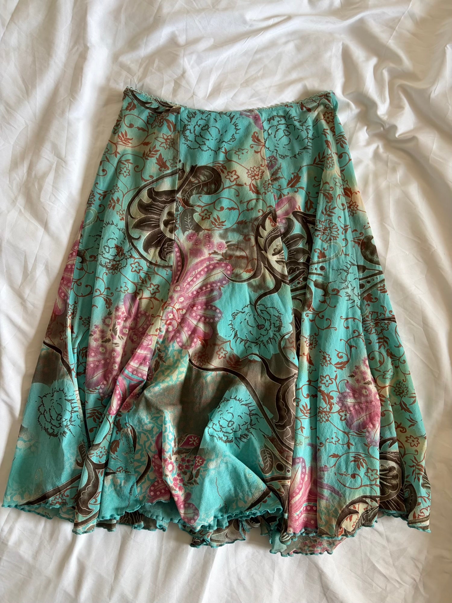 Vintage 1990s Blue Floral Graphic Micromesh Midi Skirt with Mermaid Hem