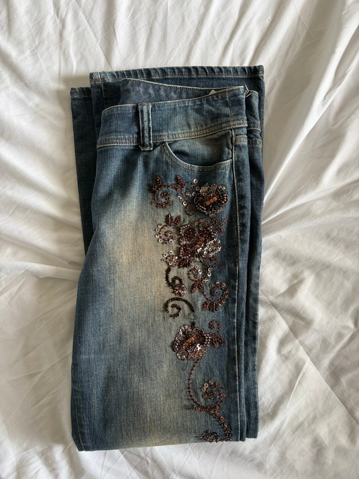 Vintage 2000s Mid Rise Bootcut Flared Jeans with Brown Embellishment and Beads