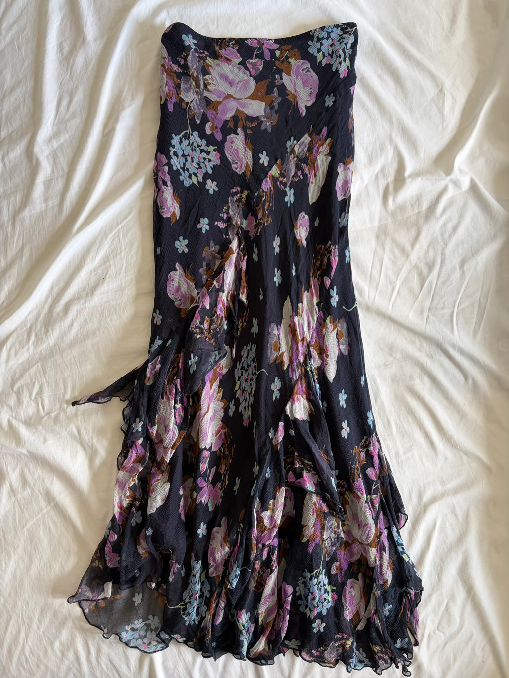 Vintage 1990s Silk Black Floral Fairy Floaty Hem Maxi Skirt Bias Cut