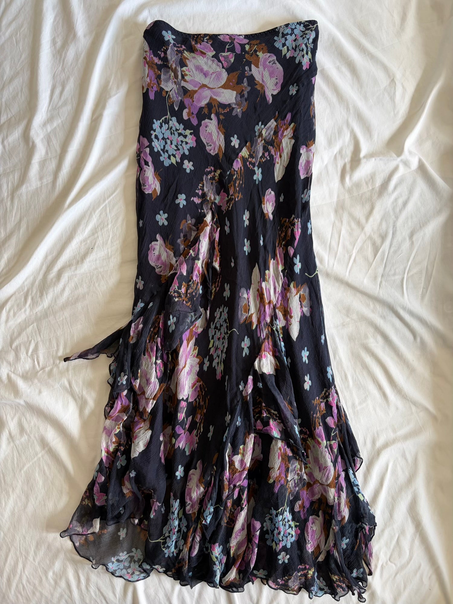 Vintage 1990s Silk Black Floral Fairy Floaty Hem Maxi Skirt Bias Cut