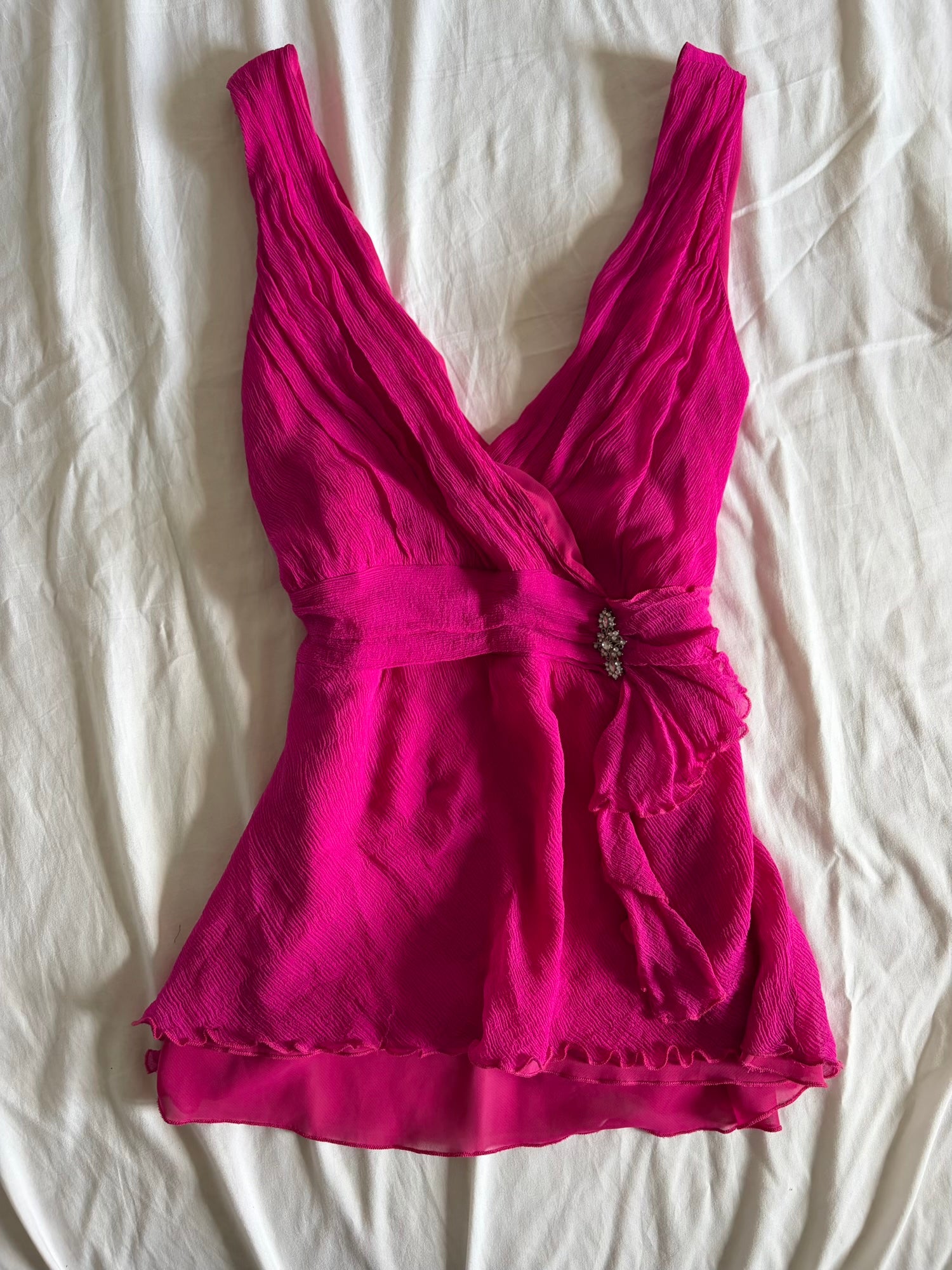Vintage Y2K Hot Pink Silk Floaty Top with Silver Embellishment