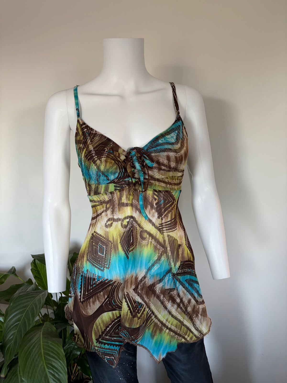 Vintage 1990s French Abstract Tie Back Babydoll Handkerchief Hem Cami