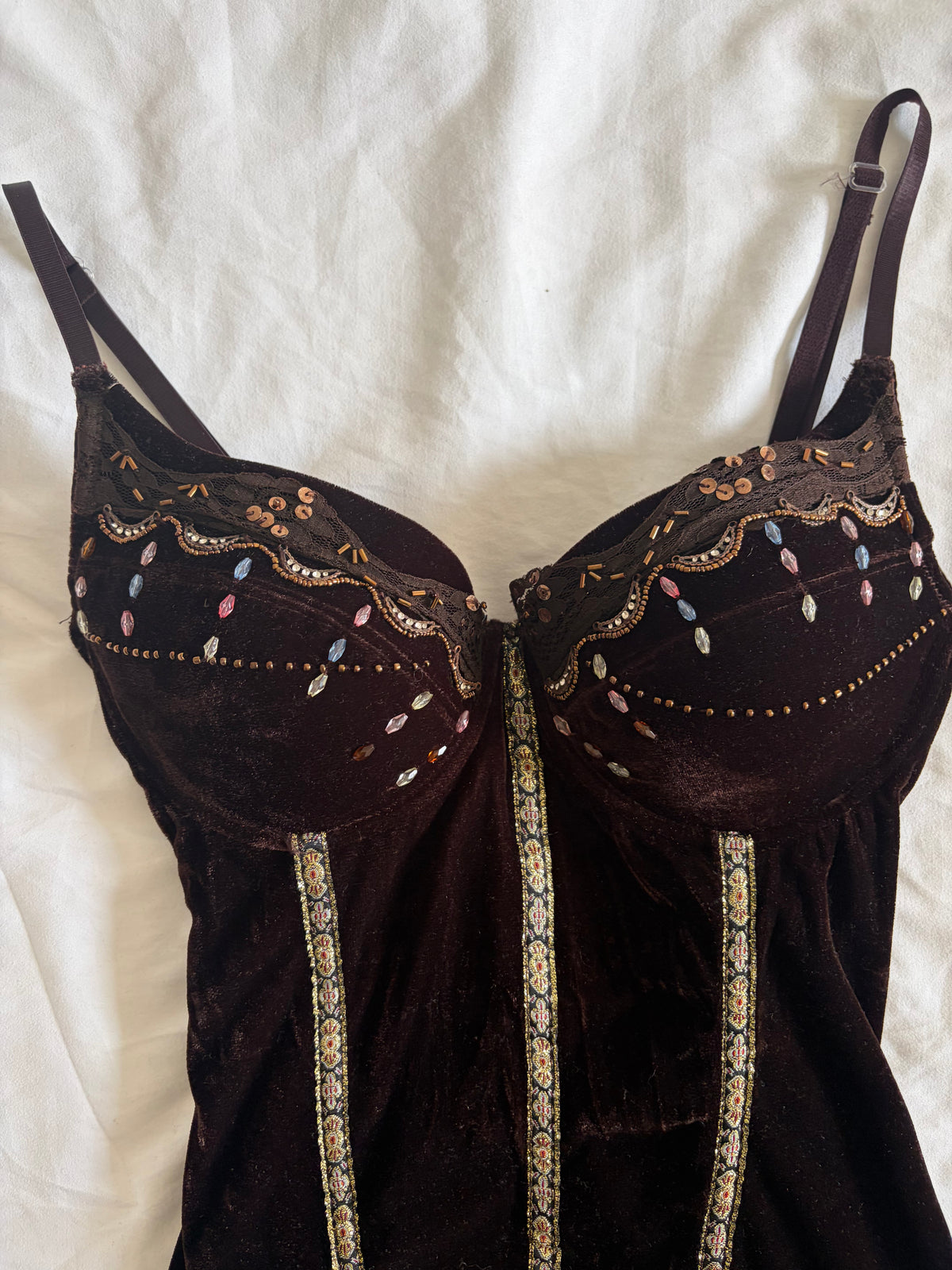Vintage 1990s Lov3e French Brown Whimsy Sequin Corset Top, UK 8–10