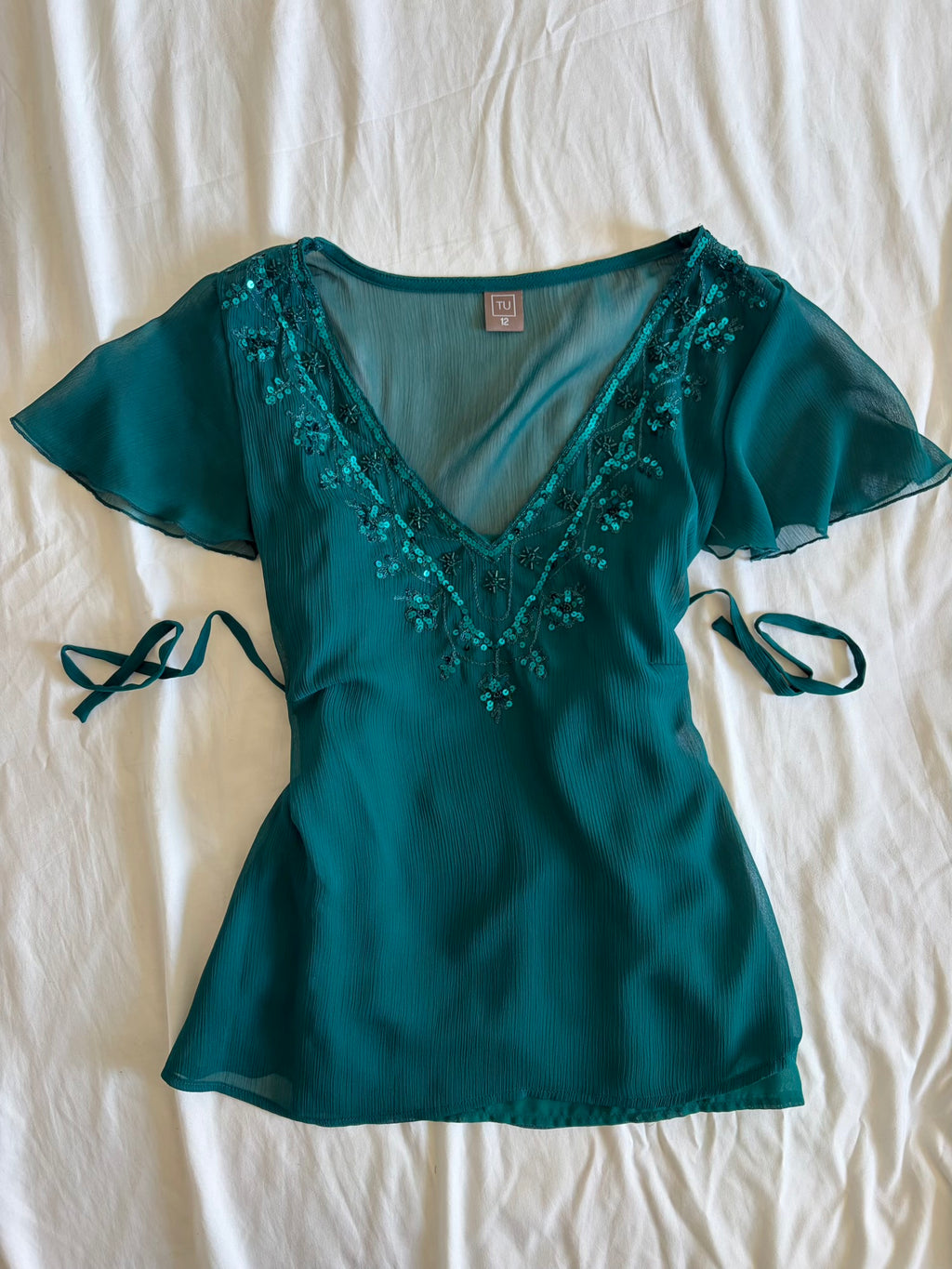 Vintage Y2K Teal Sequin Top with Side Ties and Built-In Cami
