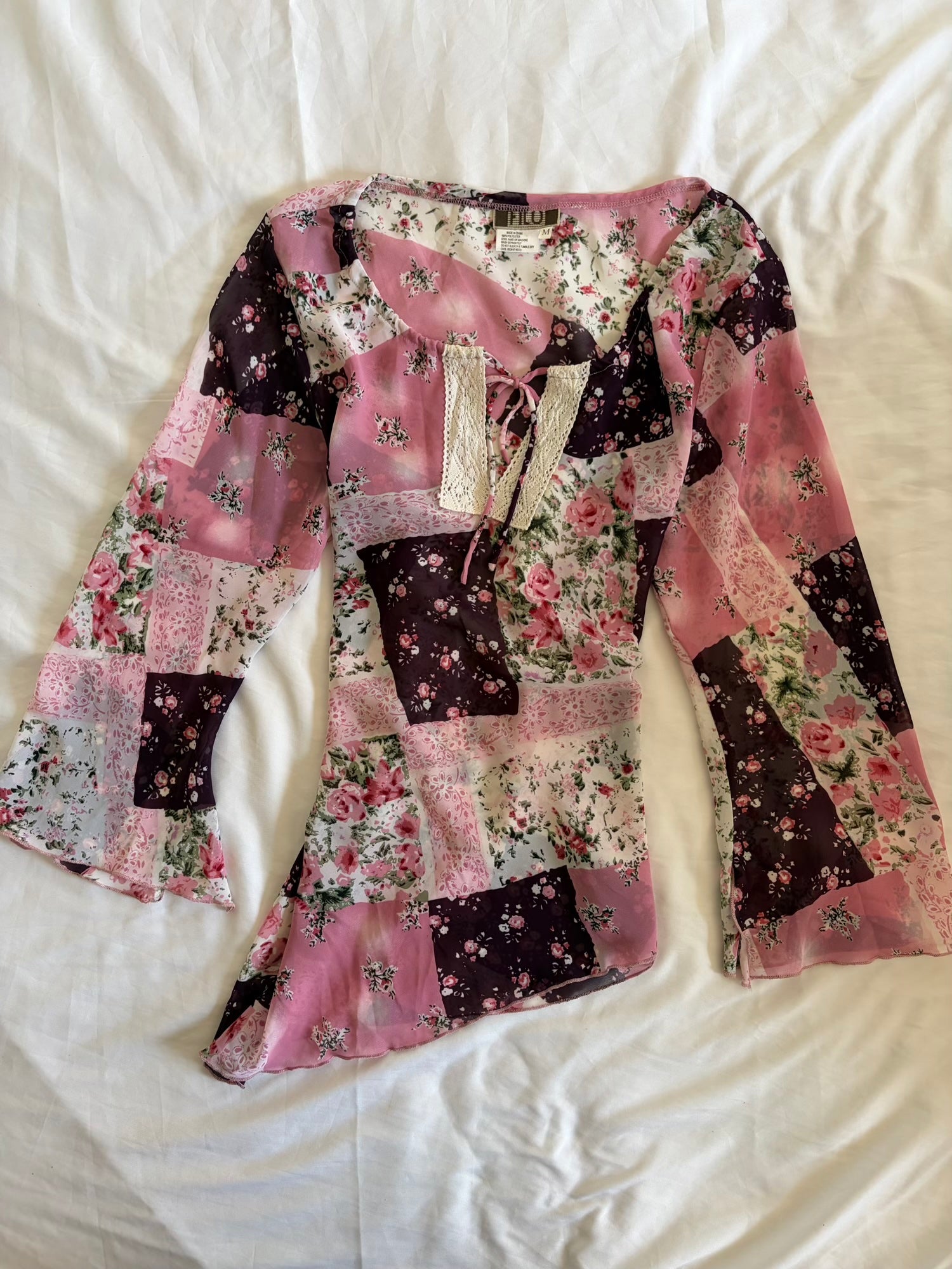 Vintage Y2K Patchwork Floral Asymmetrical Hem Fairy Top