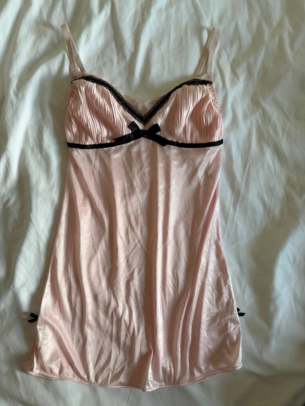 Vintage Y2K Japanese baby pink and satin babydoll style cami with black details and ribbon