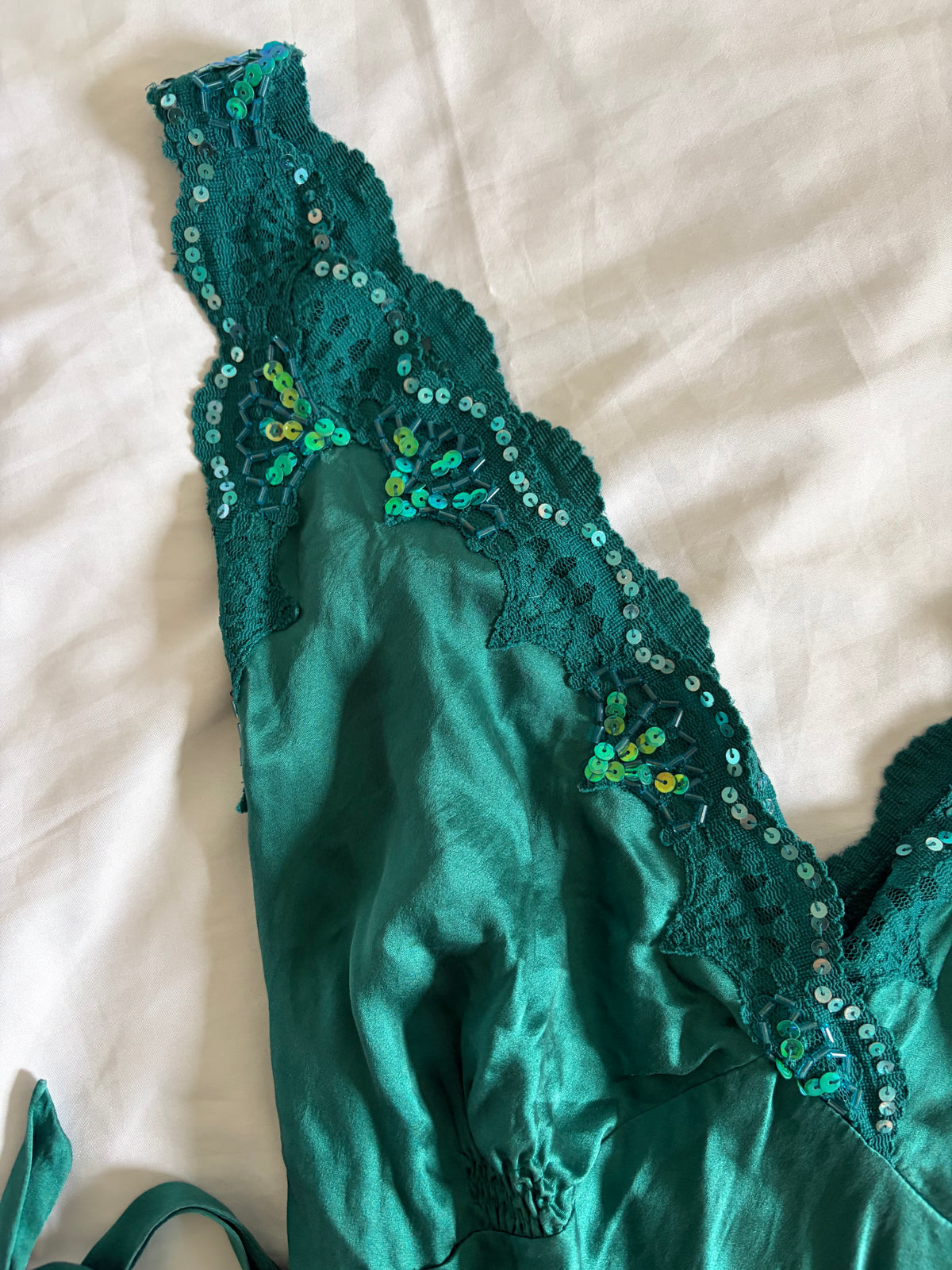 Vintage 1990s Oasis Silk Teal Beaded Mini Slip Dress
